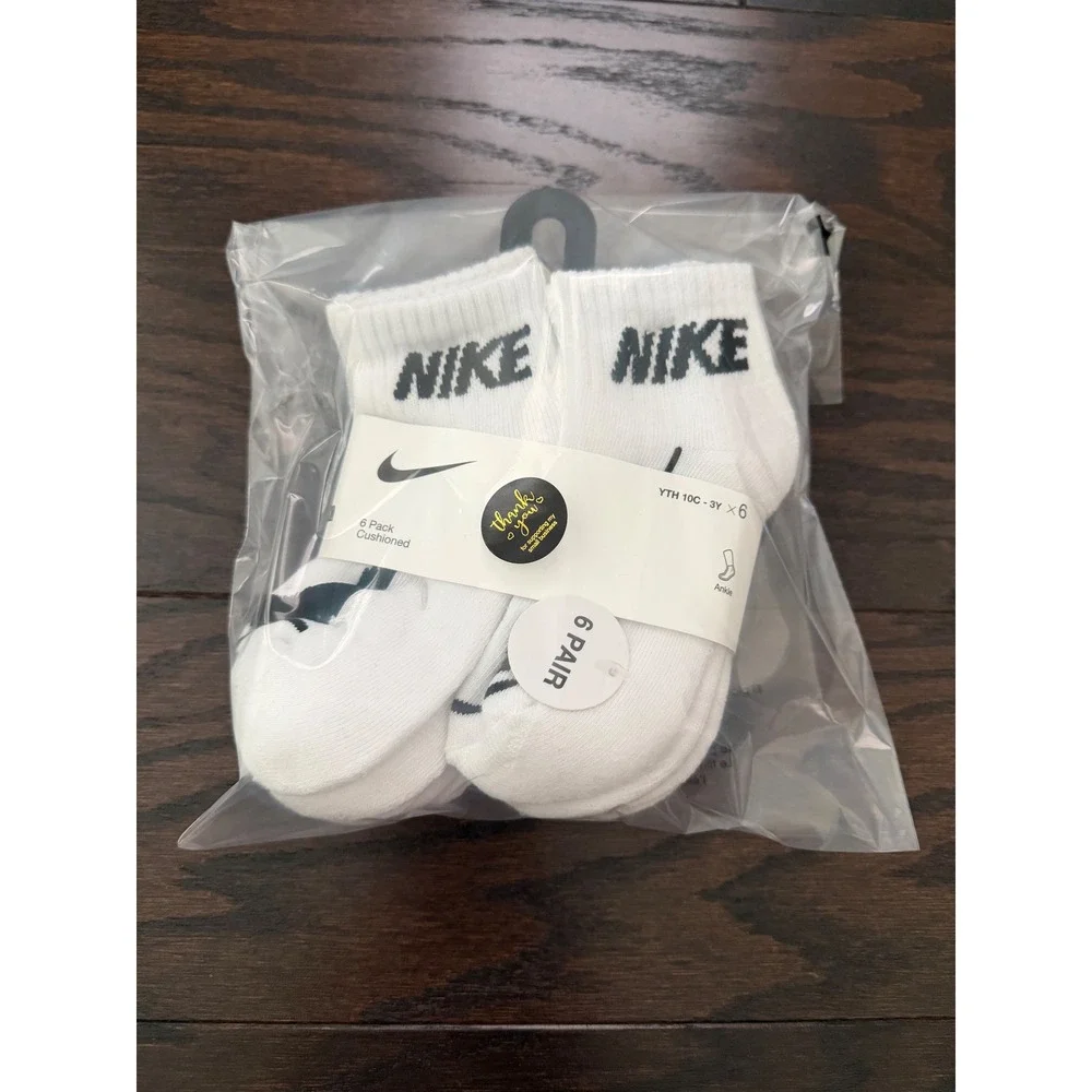 Nike Kids 6 Pack Everyday Cushioned Ankle Socks White Black BN0508-F00 10C-3Y